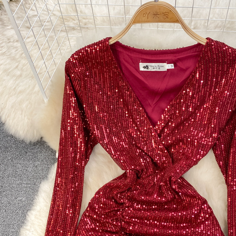 Sexy V Neck Sequins Short Dress Fashion Dress RF0234