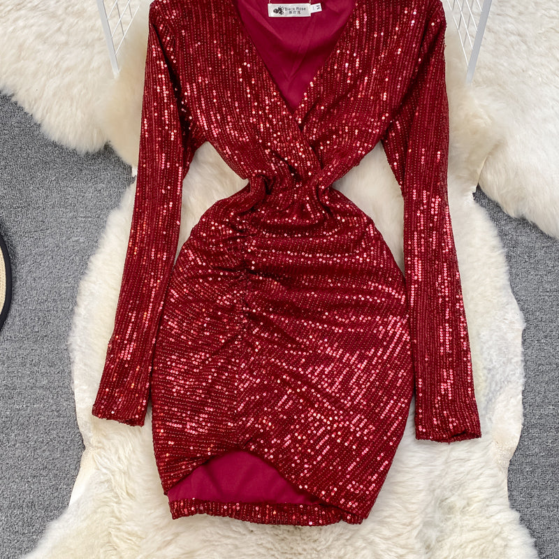 Sexy V Neck Sequins Short Dress Fashion Dress RF0234