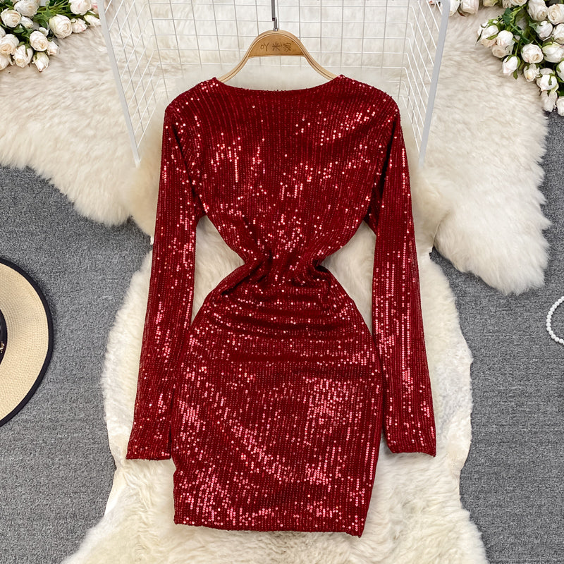 Sexy V Neck Sequins Short Dress Fashion Dress RF0234