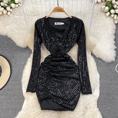 Sexy V Neck Sequins Short Dress Fashion Dress RF0234
