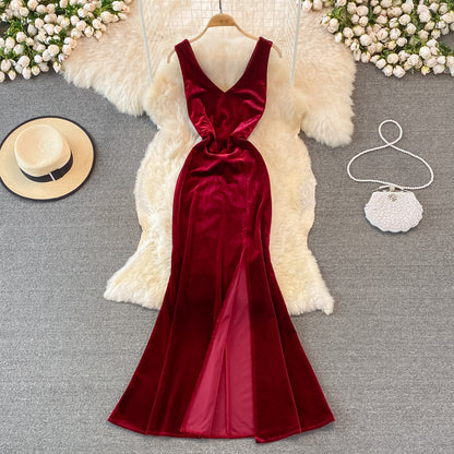 Sexy V Neck Velvet Long Dress Velvet Mermaid Dress RF0233