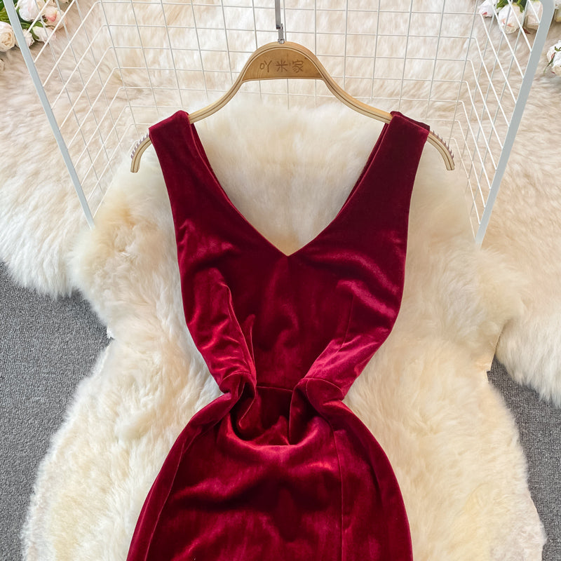 Sexy V Neck Velvet Long Dress Velvet Mermaid Dress RF0233