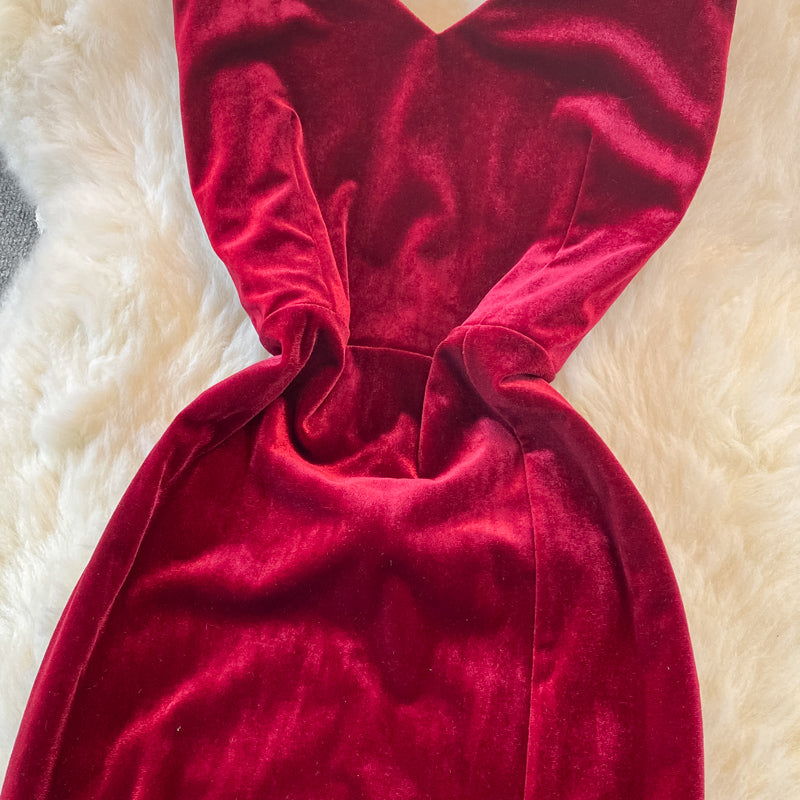 Sexy V Neck Velvet Long Dress Velvet Mermaid Dress RF0233