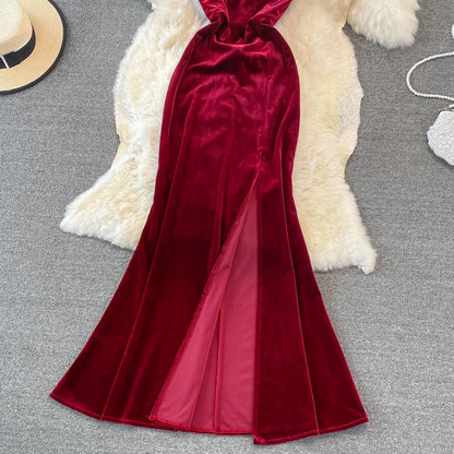 Sexy V Neck Velvet Long Dress Velvet Mermaid Dress RF0233