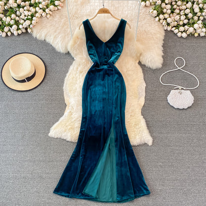Sexy V Neck Velvet Long Dress Velvet Mermaid Dress RF0233