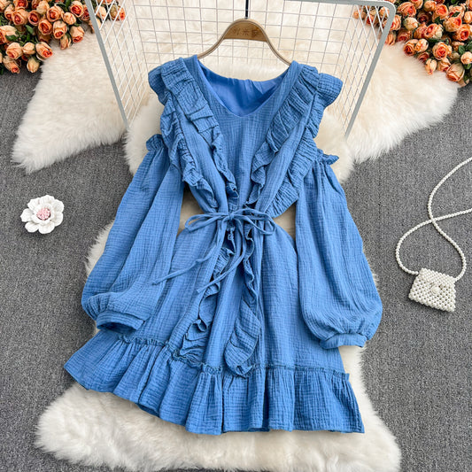 Blue V Neck Long Sleeve Dress Fashion Dress RF0231