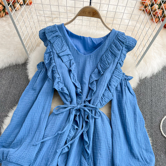 Blue V Neck Long Sleeve Dress Fashion Dress RF0231