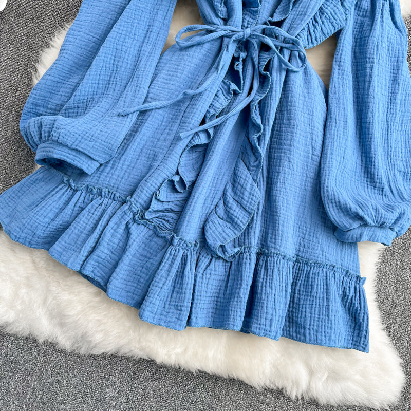 Blue V Neck Long Sleeve Dress Fashion Dress RF0231