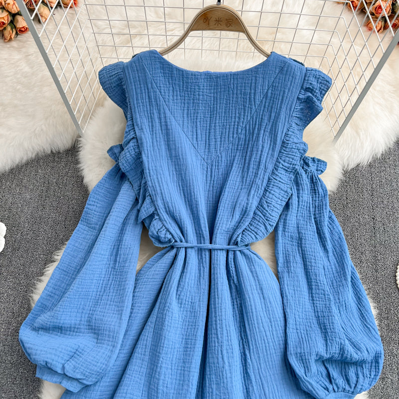 Blue V Neck Long Sleeve Dress Fashion Dress RF0231