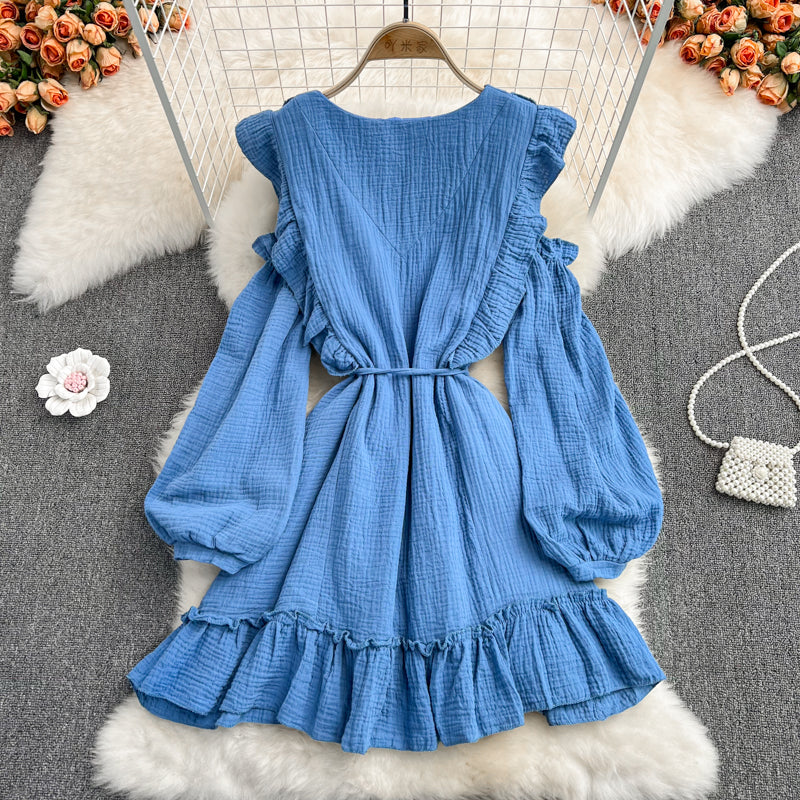 Blue V Neck Long Sleeve Dress Fashion Dress RF0231