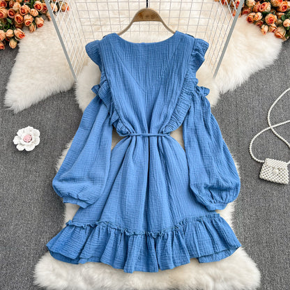 Blue V Neck Long Sleeve Dress Fashion Dress RF0231