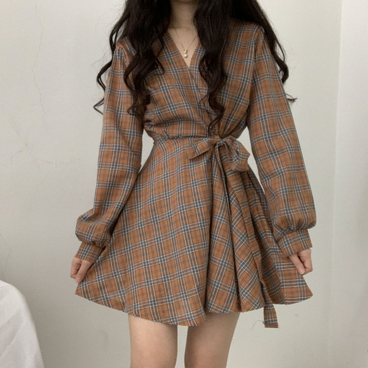 Cute V Neck Long Sleeve Plaid Dress Fashion Dress RF0225