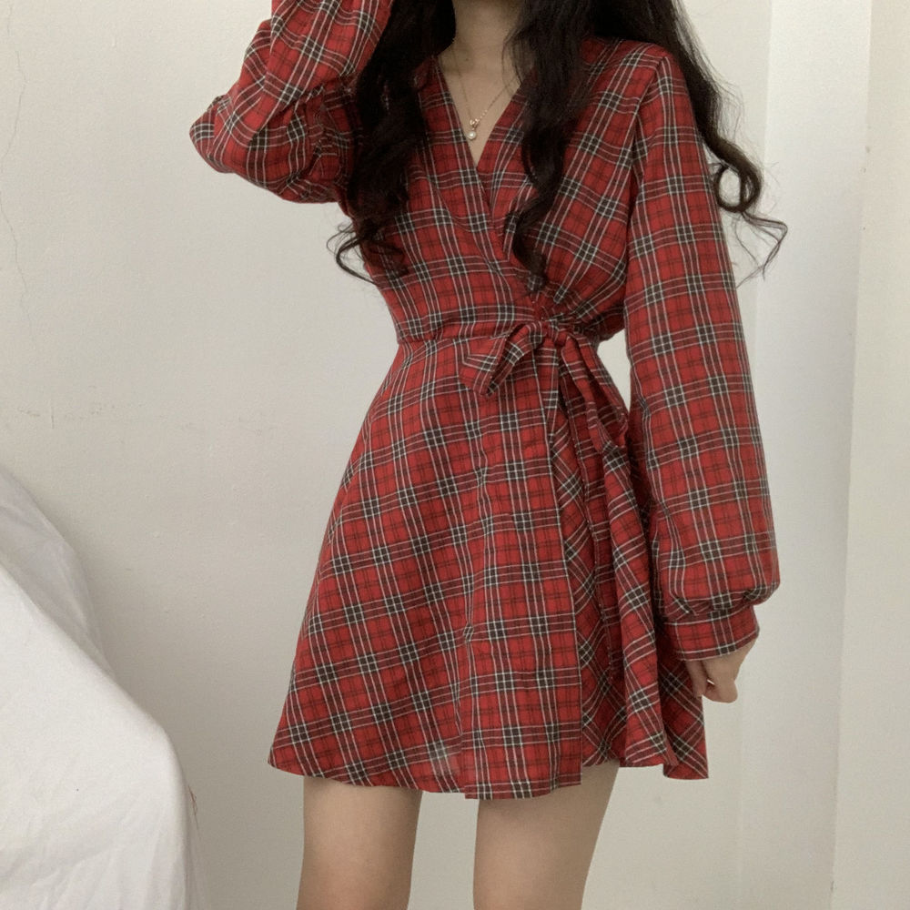 Cute V Neck Long Sleeve Plaid Dress Fashion Dress RF0225