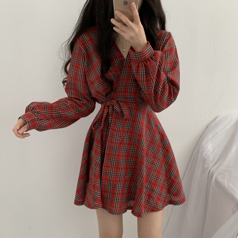 Cute V Neck Long Sleeve Plaid Dress Fashion Dress RF0225