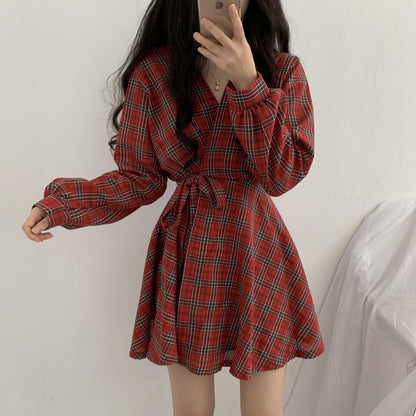Cute V Neck Long Sleeve Plaid Dress Fashion Dress RF0225