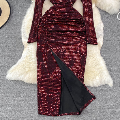 Sexy V Neck Sequins Long Sleeve Dress Fashion Dress RF0214