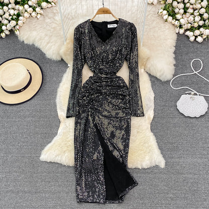 Sexy V Neck Sequins Long Sleeve Dress Fashion Dress RF0214