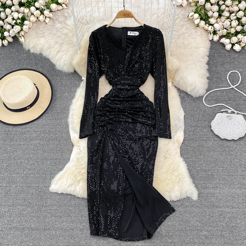 Sexy V Neck Sequins Long Sleeve Dress Fashion Dress RF0214
