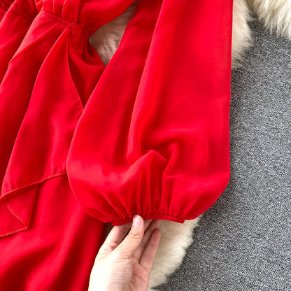 Red V Neck Chiffon Long Sleeve Dress A Line Fashion Dress RF0213