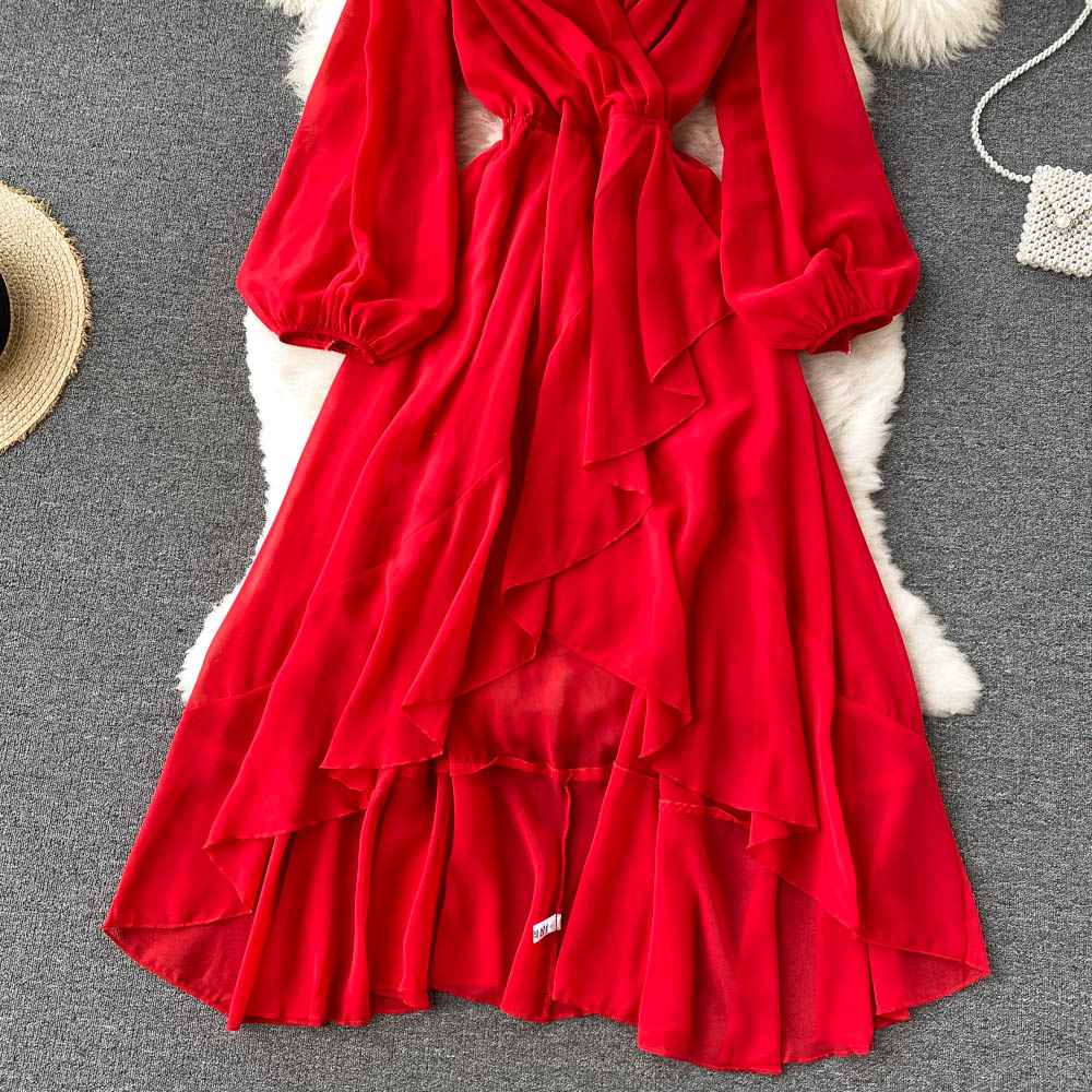 Red V Neck Chiffon Long Sleeve Dress A Line Fashion Dress RF0213