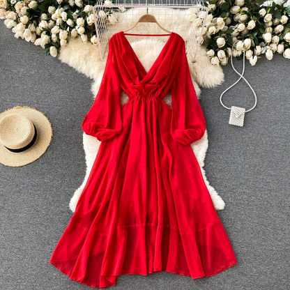 Red V Neck Chiffon Long Sleeve Dress A Line Fashion Dress RF0213