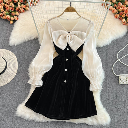 Cute V-neck Bow Long Sleeve Dress Black Fashion Dress RF0211