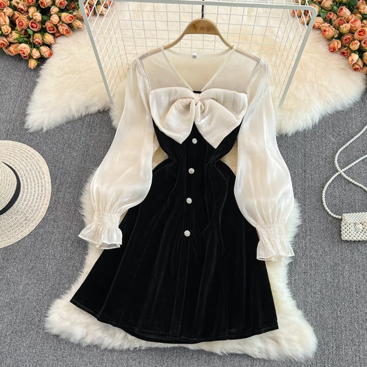 Cute V-neck Bow Long Sleeve Dress Black Fashion Dress RF0211