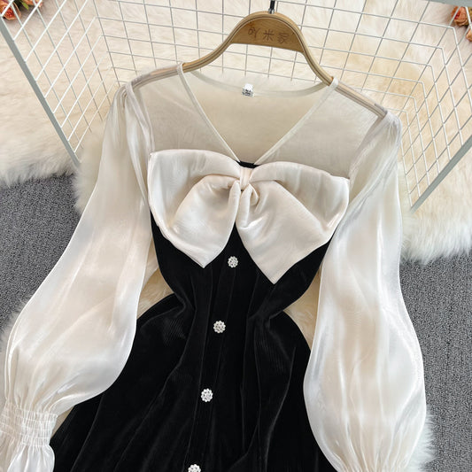 Cute V-neck Bow Long Sleeve Dress Black Fashion Dress RF0211