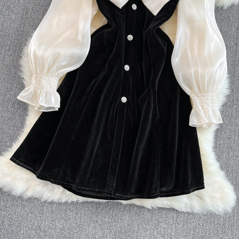 Cute V-neck Bow Long Sleeve Dress Black Fashion Dress RF0211