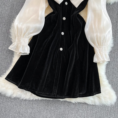 Cute V-neck Bow Long Sleeve Dress Black Fashion Dress RF0211