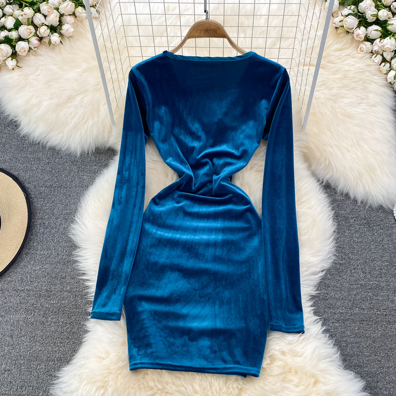 Sexy V Neck Velvet Long Sleeve Dress Fashion Dress RF0199