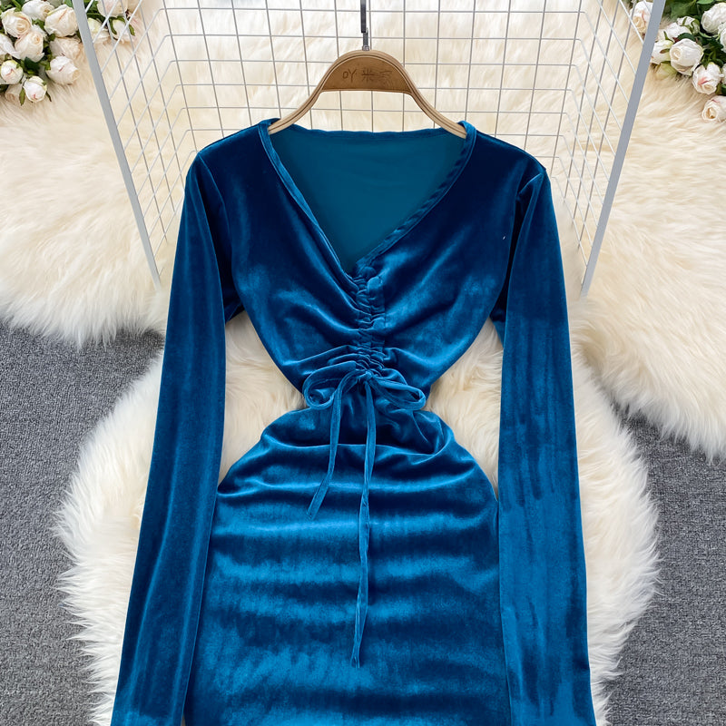 Sexy V Neck Velvet Long Sleeve Dress Fashion Dress RF0199