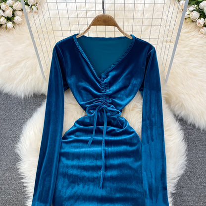 Sexy V Neck Velvet Long Sleeve Dress Fashion Dress RF0199
