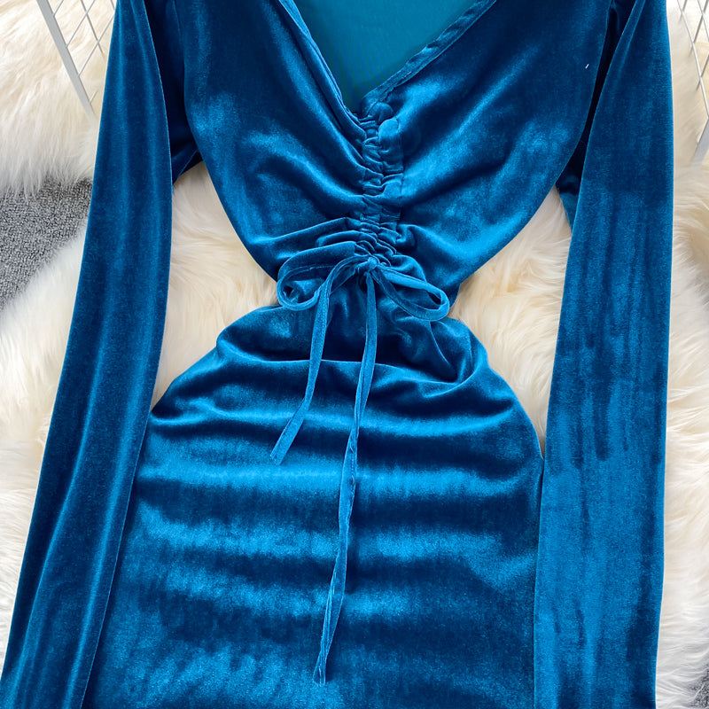 Sexy V Neck Velvet Long Sleeve Dress Fashion Dress RF0199