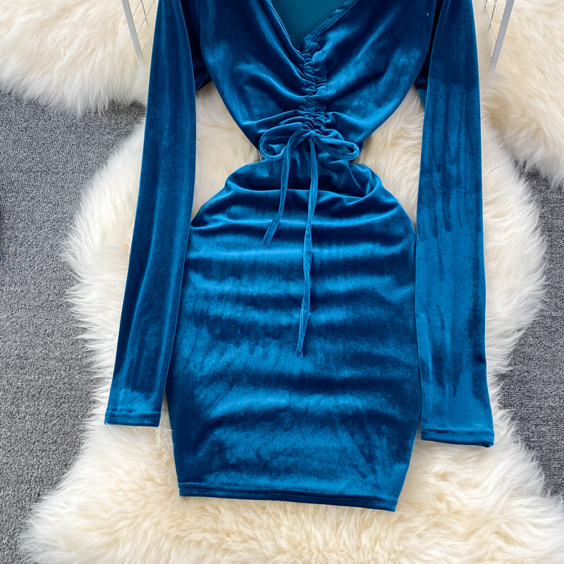 Sexy V Neck Velvet Long Sleeve Dress Fashion Dress RF0199