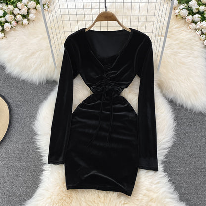 Sexy V Neck Velvet Long Sleeve Dress Fashion Dress RF0199