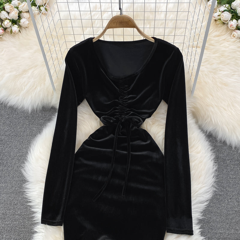 Sexy V Neck Velvet Long Sleeve Dress Fashion Dress RF0199
