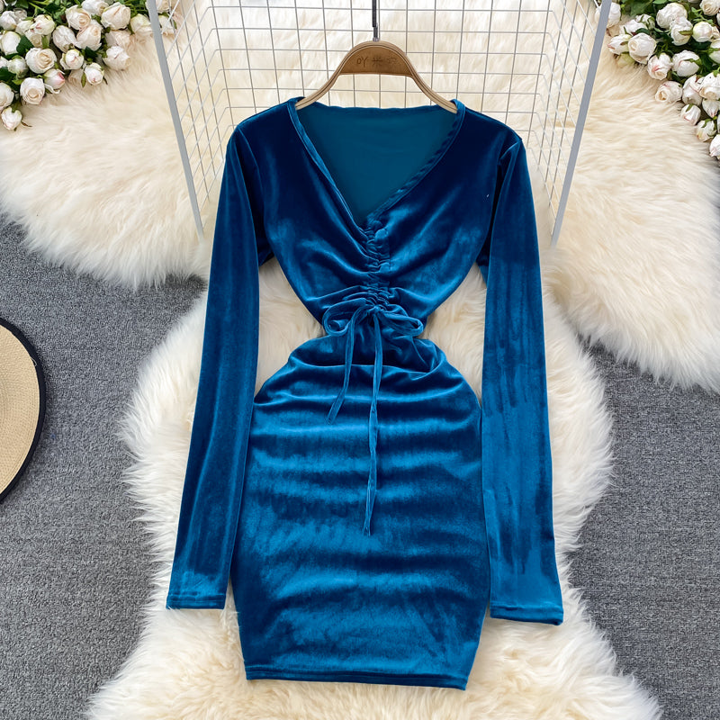 Sexy V Neck Velvet Long Sleeve Dress Fashion Dress RF0199