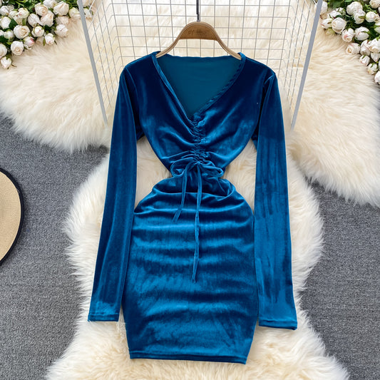 Sexy V Neck Velvet Long Sleeve Dress Fashion Dress RF0199