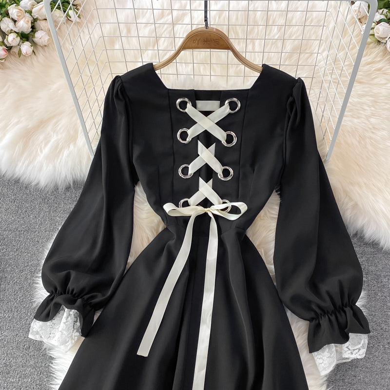 Black A Line Lace Short Dress Lace-up Fashion Dress RF0198
