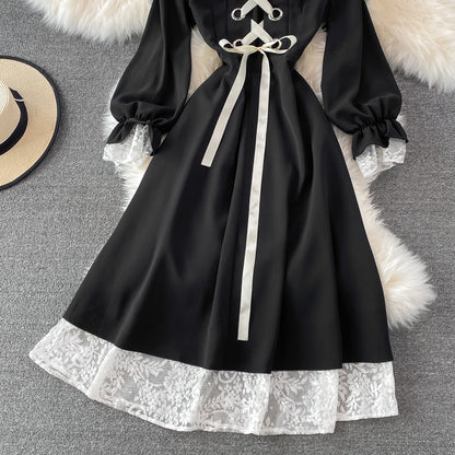 Black A Line Lace Short Dress Lace-up Fashion Dress RF0198