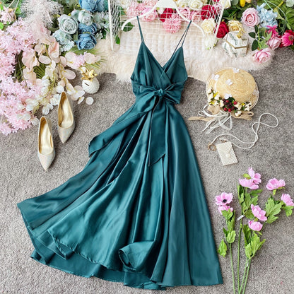 Elegant V Neck Satin A Line Dress Fashion Dress RF0196