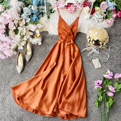 Elegant V Neck Satin A Line Dress Fashion Dress RF0196
