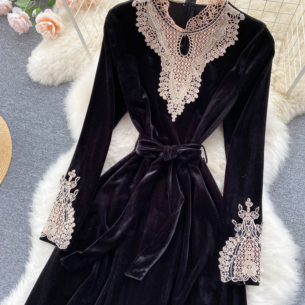 Black Velvet Lace Long Sleeve Dress Fashion Dress RF0188