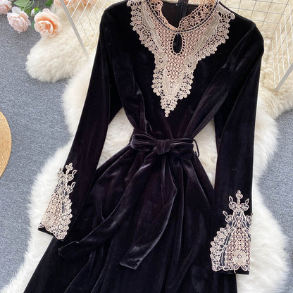 Black Velvet Lace Long Sleeve Dress Fashion Dress RF0188