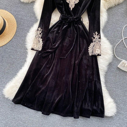 Black Velvet Lace Long Sleeve Dress Fashion Dress RF0188