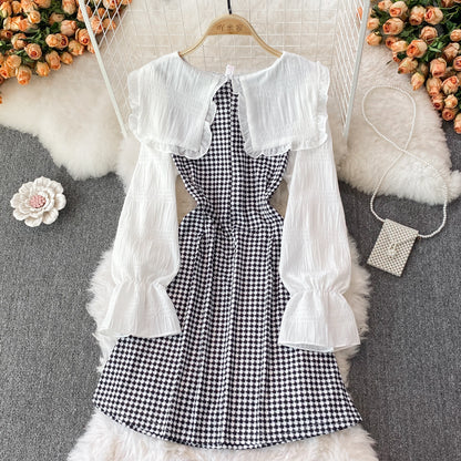 Cute Houndstooth Long Sleeve Dress A Line Fashion Dress RF0185