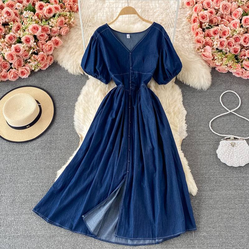 Simple V Neckline Denim Dress A Line Fashion Dress RF0182
