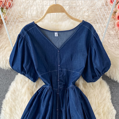 Simple V Neckline Denim Dress A Line Fashion Dress RF0182