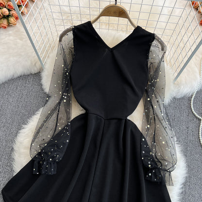 Black V Neck Short Dress A Line Fashion Dress RF0180